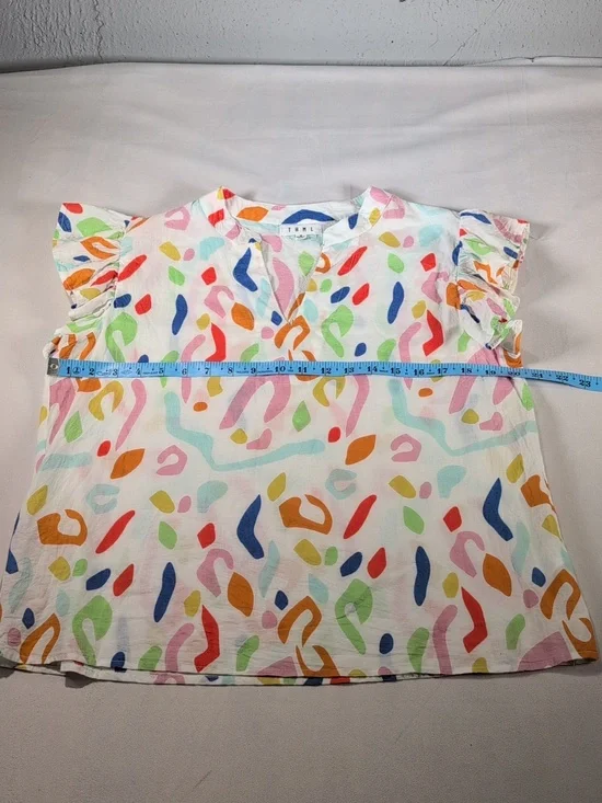 Anthropologie THML Abstract Cotton V-Neck Top with Flutter Sleeves Size Med - Picture 4 of 8